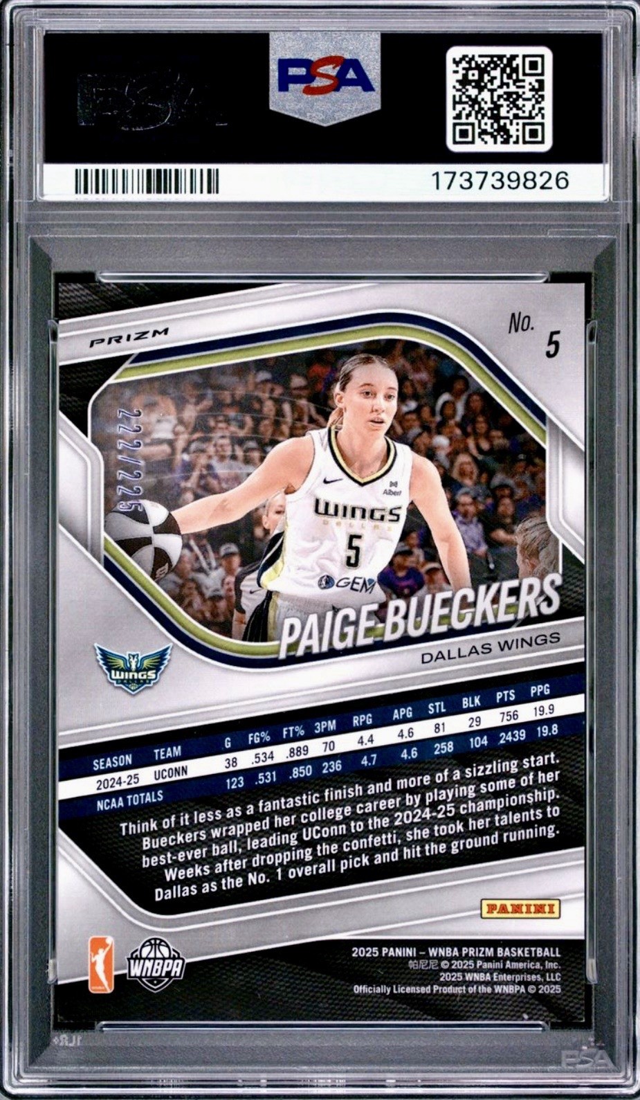 2025 Panini Prizm WNBA #5 Paige Bueckers Lime Green Prizm Rookie /225 PSA 9 MINT view 2