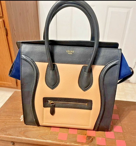 Authentic Celine Mini Luggage Tri-Color Blue/Beige/Black Leather Tote Bag