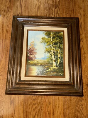 Vintage Oil Painting Framed Landscape Stream In Forest Signed 15” X 17” 