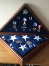 AIR FORCE ,U S BADGED SHADOW BOX, MEDALS &RIBBONS,DOG TAGS/FLAG. ROY LEE AMERICA