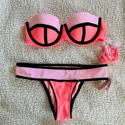 Victoria s Secret 32C Bandeau Top X-Small Bottoms Two Piece Swimsuit Bikini Neon