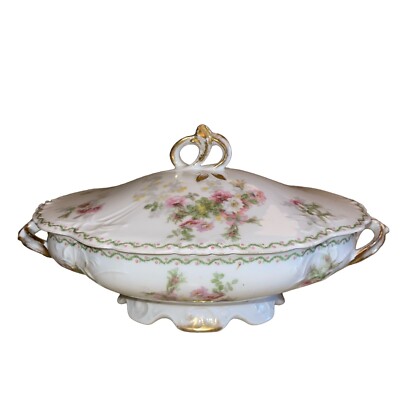 JPL Jean Pouyat Limoges France Hand Painted Vegetable Bowl Gold Flowers Roses