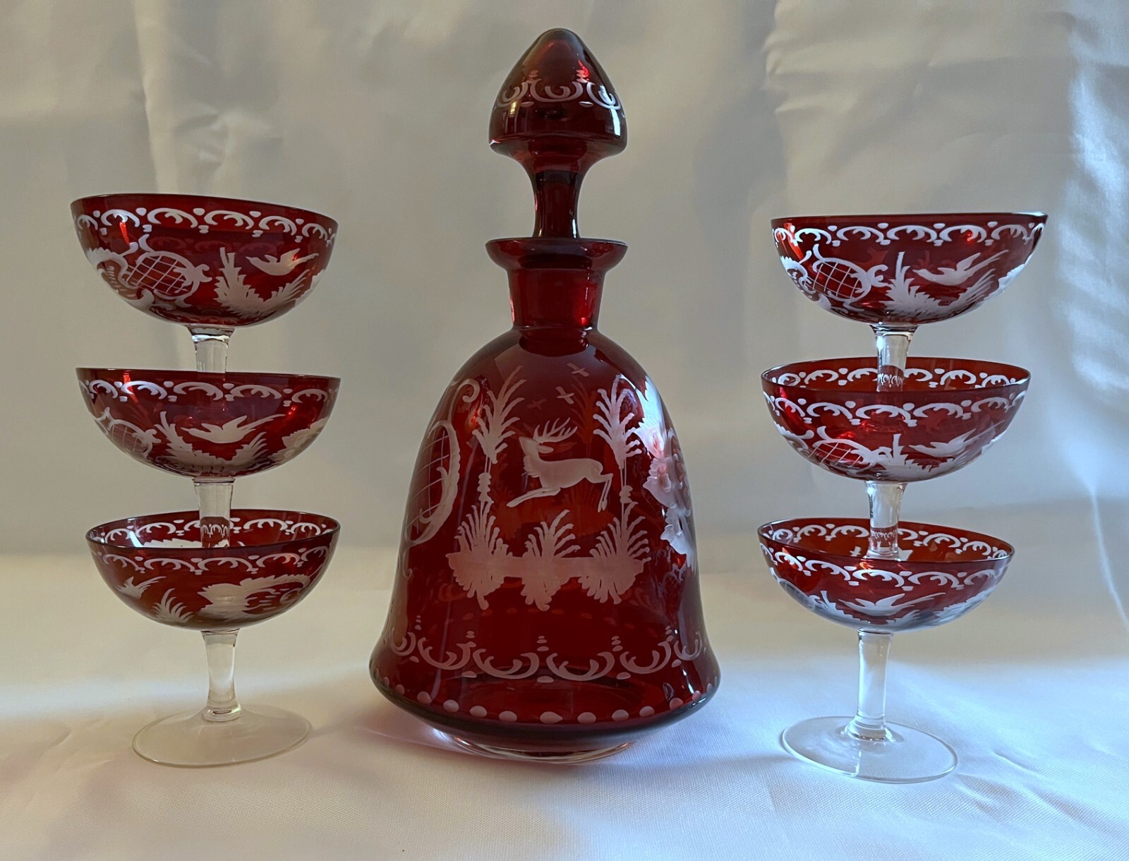 Czech Bohemian Ruby Red Cut to Clear Aperitif Cordial Decanter + 6