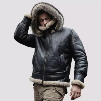 Men's Shearling Leather Jacket Aviator Bomber Hooded Winter Coat Warm Fur Lined