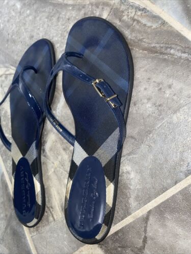 Women’s Burberry Meadow Black and Navy Original Check Flip Flops From Saks - Picture 3 of 11