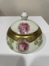 Vintage Hand Painted Powder Trinket Covered Dish Bavaria. Roses With Gold Trim.