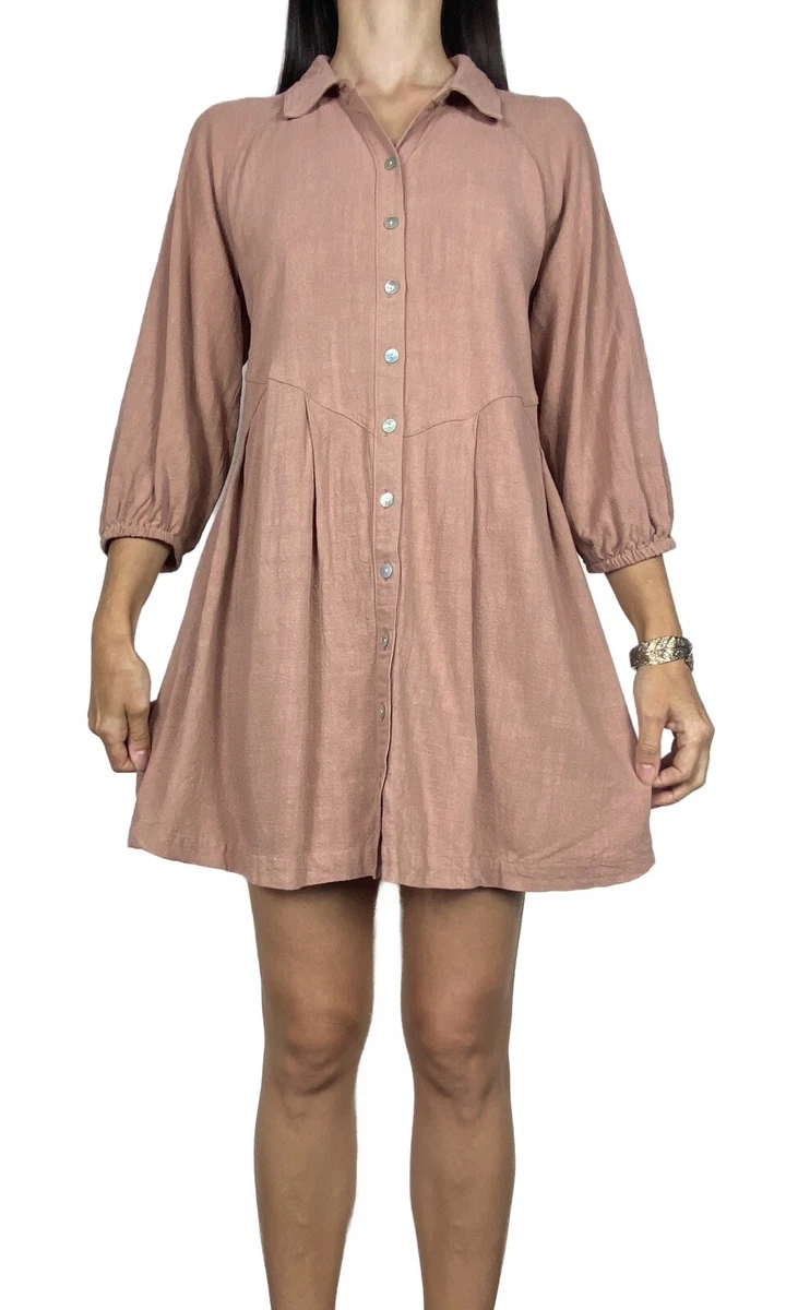 DOTTI Dusty Pink Brown Linen Blend 3 4 Sleeve Mini Shirt Dress Size 10