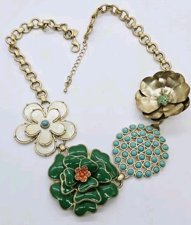 Collar Flor GRUESO Palanca Verde Turquesa Mate Tono Dorado ROLO 21 pulgadas Foto 3 de 4