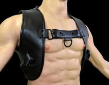 Men s Real Thick Cowhide Leather Cropped Body Harness Buttons Closure Pockets