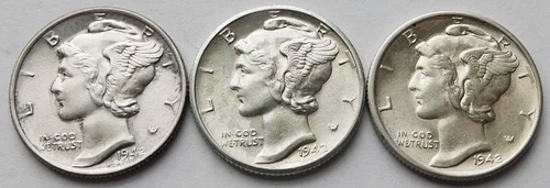 1942-PDS Mercury Silver Dimes BU, Three 10C coins