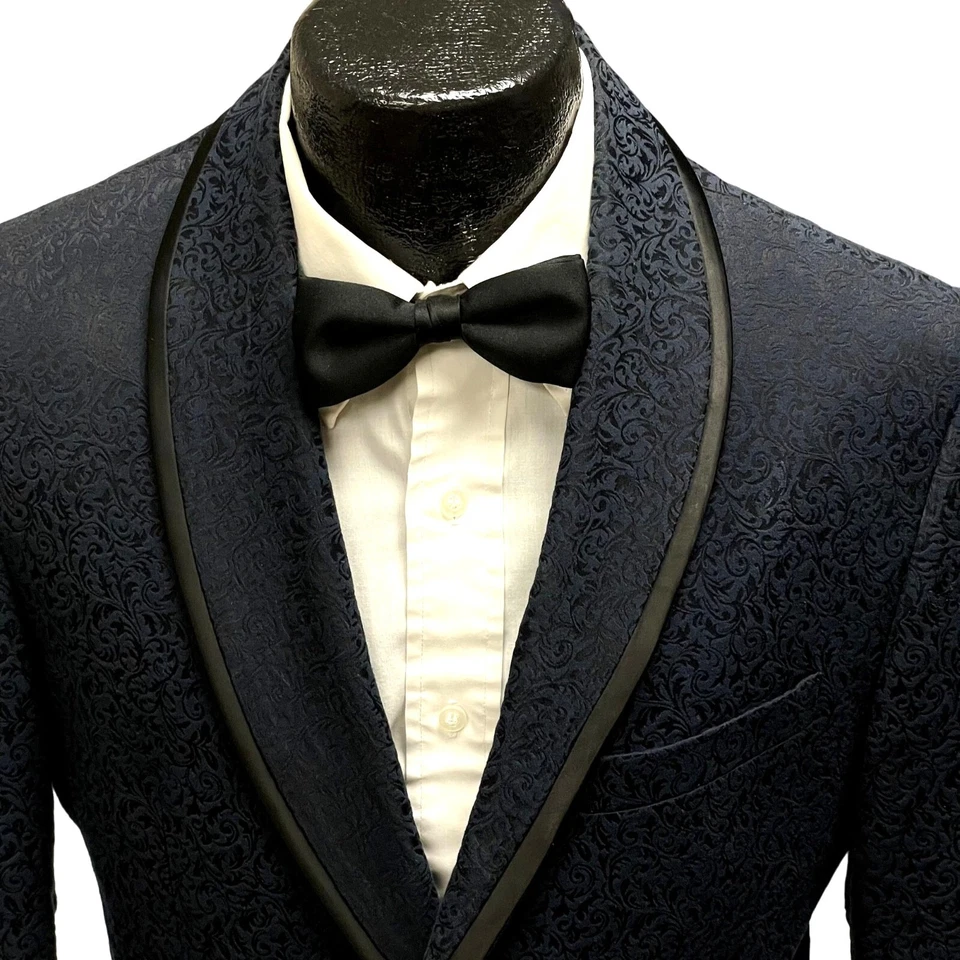 Zara Man BLUE Textured BROCADE Sport Coat Tux SATIN TRIM Formal Tuxedo Blazer 38 - Image 2 of 4