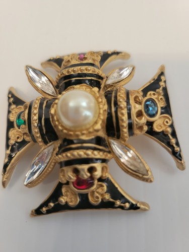 Vintage Couture Gripoix Glass Moghul Black Enamel Maltese Cross Pendant / Brooch - Bild 9 von 11