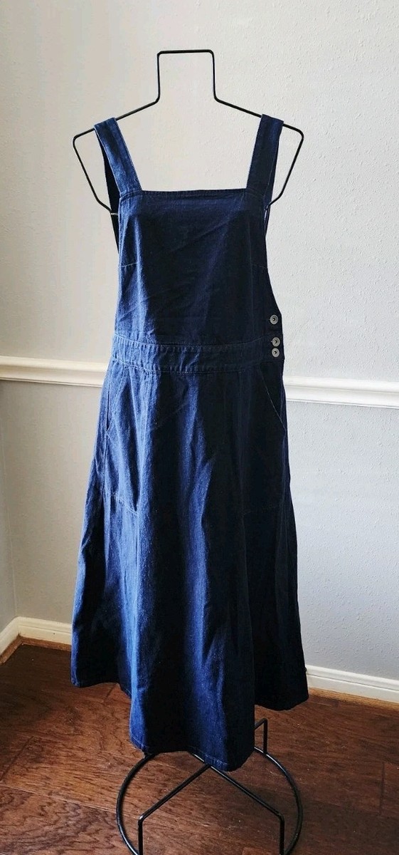 Free People Denim Dreams Midi Dress in Blue Size Medium Jean Jumper Bibs 8 1c