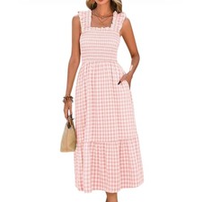 PRETTY GARDEN Peach/Pink Gingham Check SMOCKED MIDI DRESS Ruffle Straps SIZE M