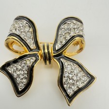 Vtg Puccini Rhinestone Enamel Bow Brooch Pin Pave Crystals Designer