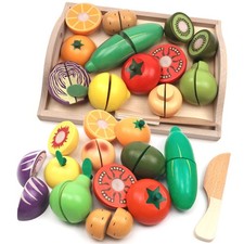 Wooden Cutting Fruit Vegetables Set for - Pretend Play Food Set with Wooden a...