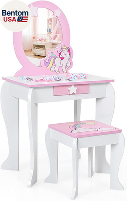 Kids Vanity Set with Mirror, 2 in 1 Wooden Princess Makeup Dressing Table with D