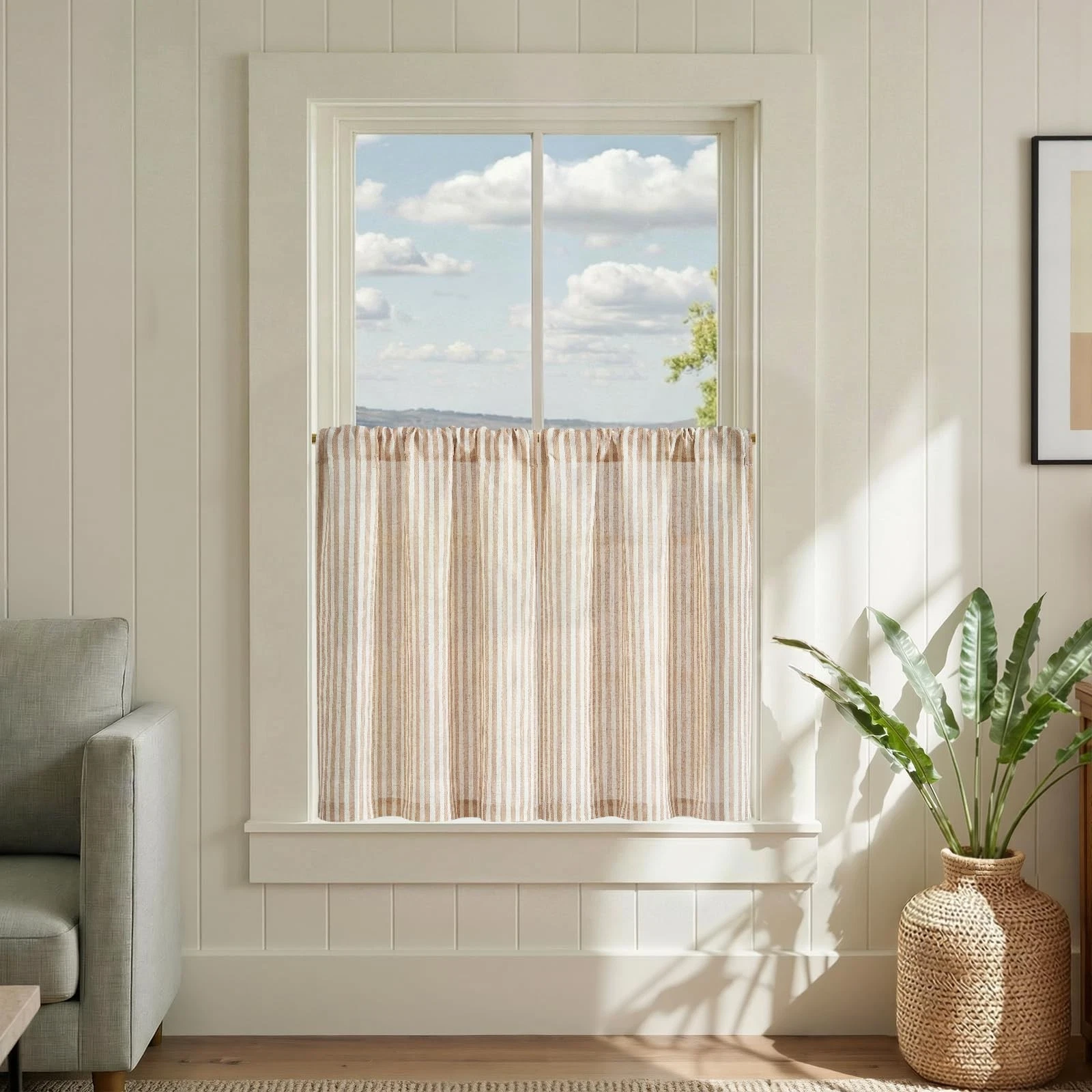 Striped Linen Kitchen Curtains 30 Inches Length Tier Curtains Farmhouse Moder...