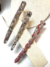 3 VTG Hair Clips Womens Lady Rhinestone Flower Alligator Claw Bling Silver tone