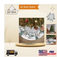 Snowman Reindeer Snowflake Christmas Tree Skirt 48 Inch, Winter Holiday Tree Mat
