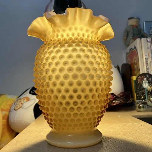 Fenton Honey Amber Overlay Glass Hobnail Vase 8" Tall