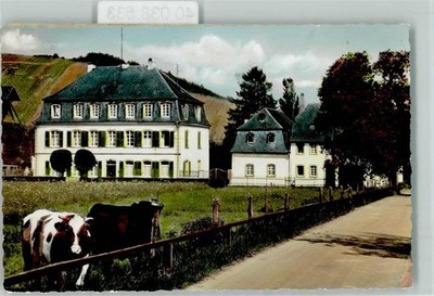 40038533 - 5556 Muelheim Red Colourful Cow in Front of a Manor House