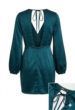 ASOS Satin Teal Green Long Balloon Sleeve Wrap Mini Dress Sz 0 V-Neck Cocktai