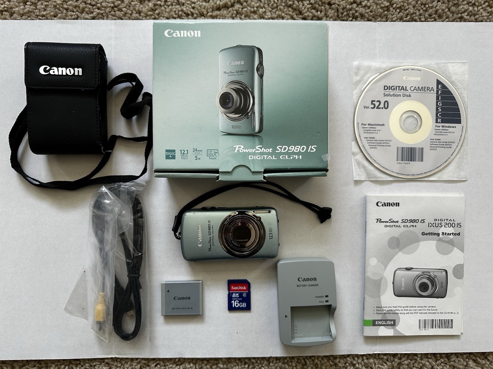 Canon SD980 IS Digital ELPH 12.1MP Camera Bundle w/ Battery+Card+Box Works Great