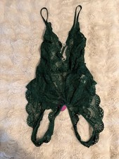 AVIDLOVE Womens Lingerie Lace w/Rhinestone Open Crotch Bodysuit Sz L Green New