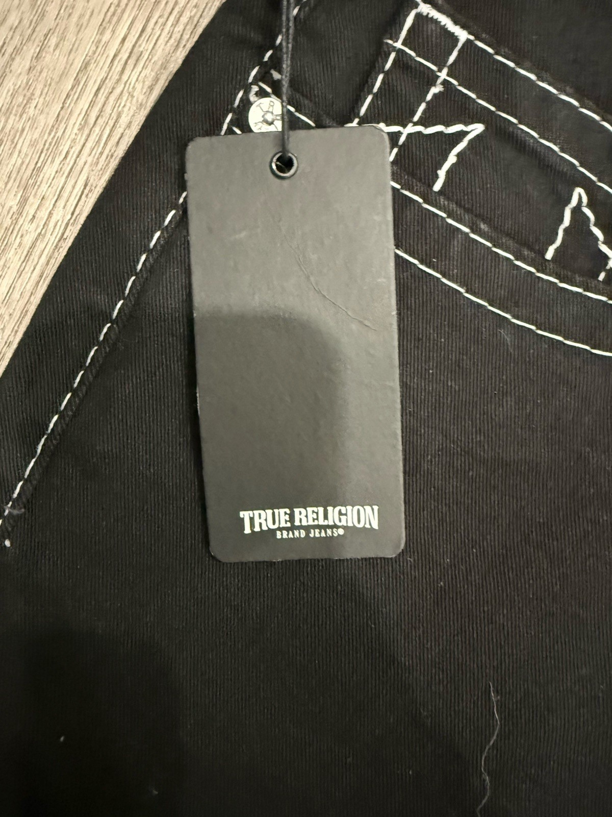 True Religion Big T Raw Hem Black Denim Men's Shorts Contrast Stitching Jeans thumbnail 2