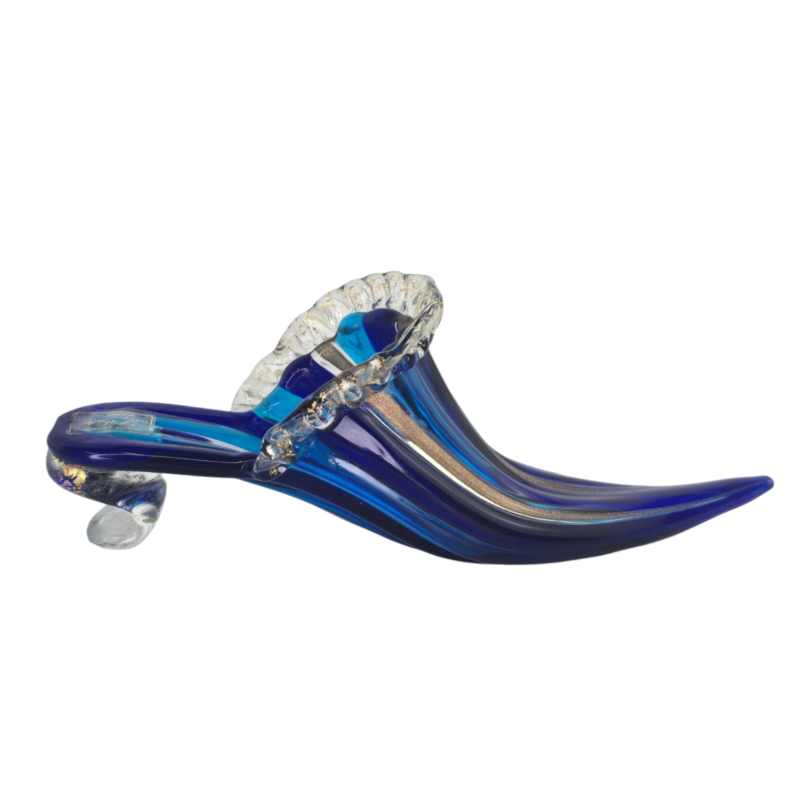PANTOFOLA D’ORO Scarpa vintage Vetreria Artigianale D’Este in vetro di Murano blu righe oro