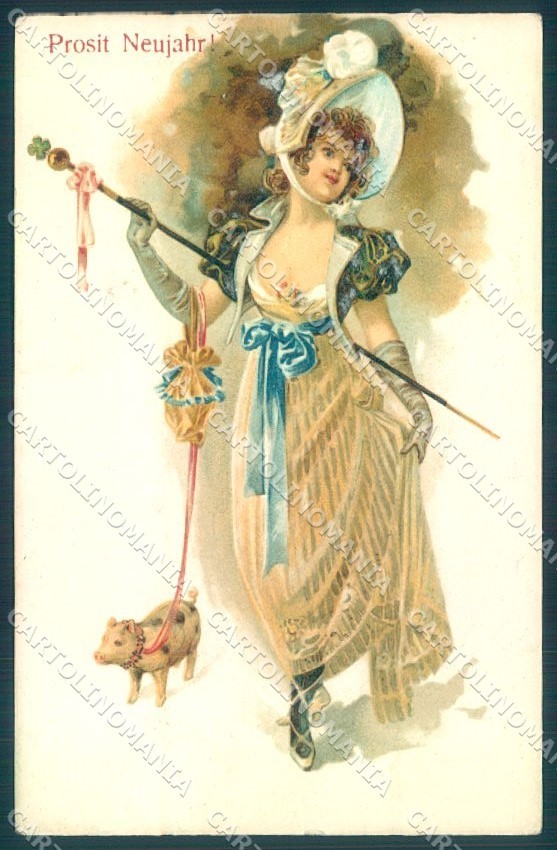 Cartolina Artista Firmata Capodanno Moda Lady Maiale Quadrifoglio TW1606