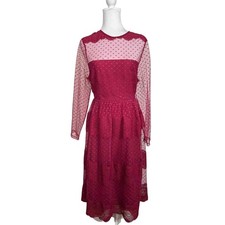 ASOS Lace Midi Dress Women Size 12 Swiss Dot Mesh Victorian Long Sleeve Burgundy