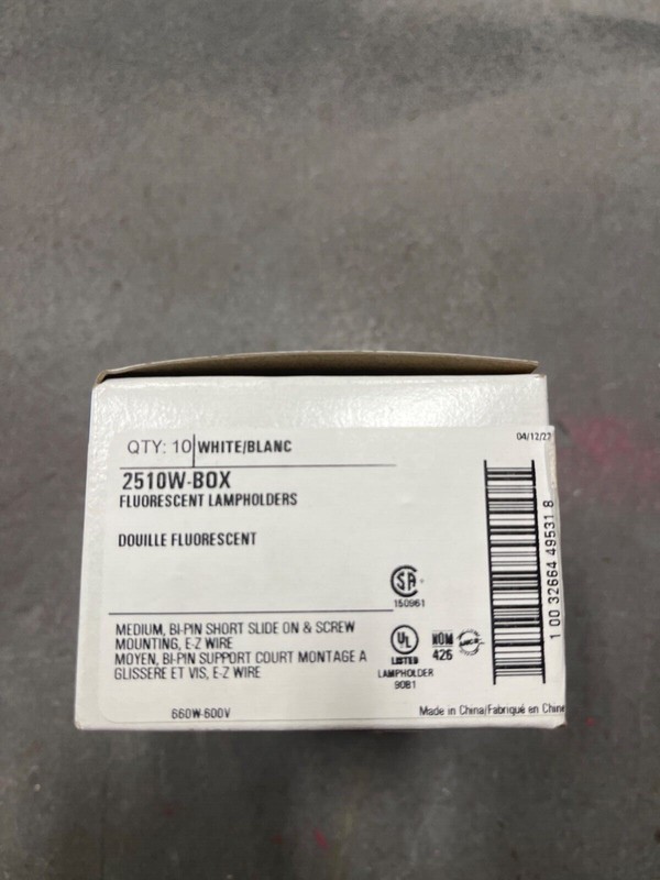 Box of 10- Fluorescent white Lamp Holders Medium BI-PIN E-Z wire 2510W