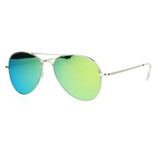 Flat Lens Pilot Sunglasses Thin Metal Spring Hinge Frame Silver Mirror Lens