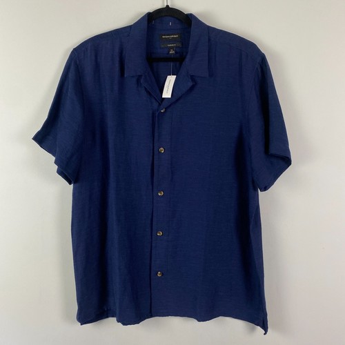 Banana Republic Satin Shirt Men XL Navy Blue Linen Blend Loop Collar