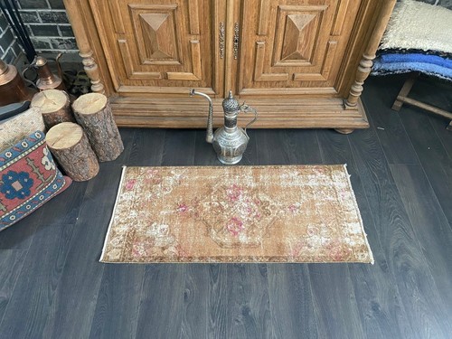 Turkish Oushak Brown Small Rug Antique Brown Door Mat Handmade Rug 1.6x3.4 Ft