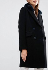 Whistles Black Erika Double Breasted Fur Collar Coat Sz10
