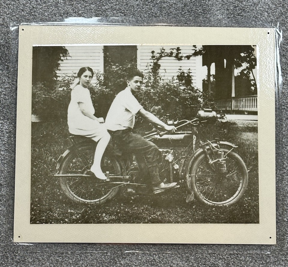 Indian Motorcycle w/ Couple VTG Photo Laminated 14 x 11 Print Bike Man