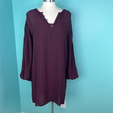 LOFT M Burgundy Wine Long Sleeve Knee Length Tunic Shift Dress With Lace Detail