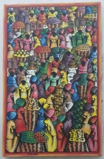 Signed JOHN - Haitian Women Marketplace Scene - Naif Native Art Painting Haiti