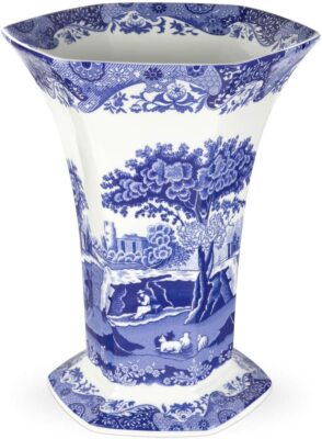 Spode Blue Italian Hexagonal Vase, Fine Porcelain, 10.5 Inch - Blue White