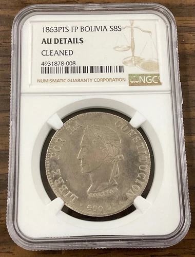 1863 PTS FP BOLIVIA 8 Soles - NGC AU DETAILS - Cleaned