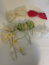 Vintage Hair Bow Lot 5 Mixed Sizes Pink White Green Solid Ribbon 4 Combs 1 Clip