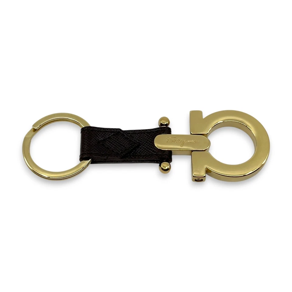 Salvatore Ferragamo Gold-Tone Gancini Key Ring Charm Dark Brown Leather w/ Box - Image 2 of 4