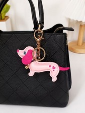 Pink Dachshund Dog Keychain PU Leather Purse Bag Charm Hearts Gold Tone Key Ring
