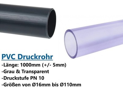 1 Meter PVC Rohr Druckrohr 16 20 25 32 40 50 63mm Kleberohr PN10