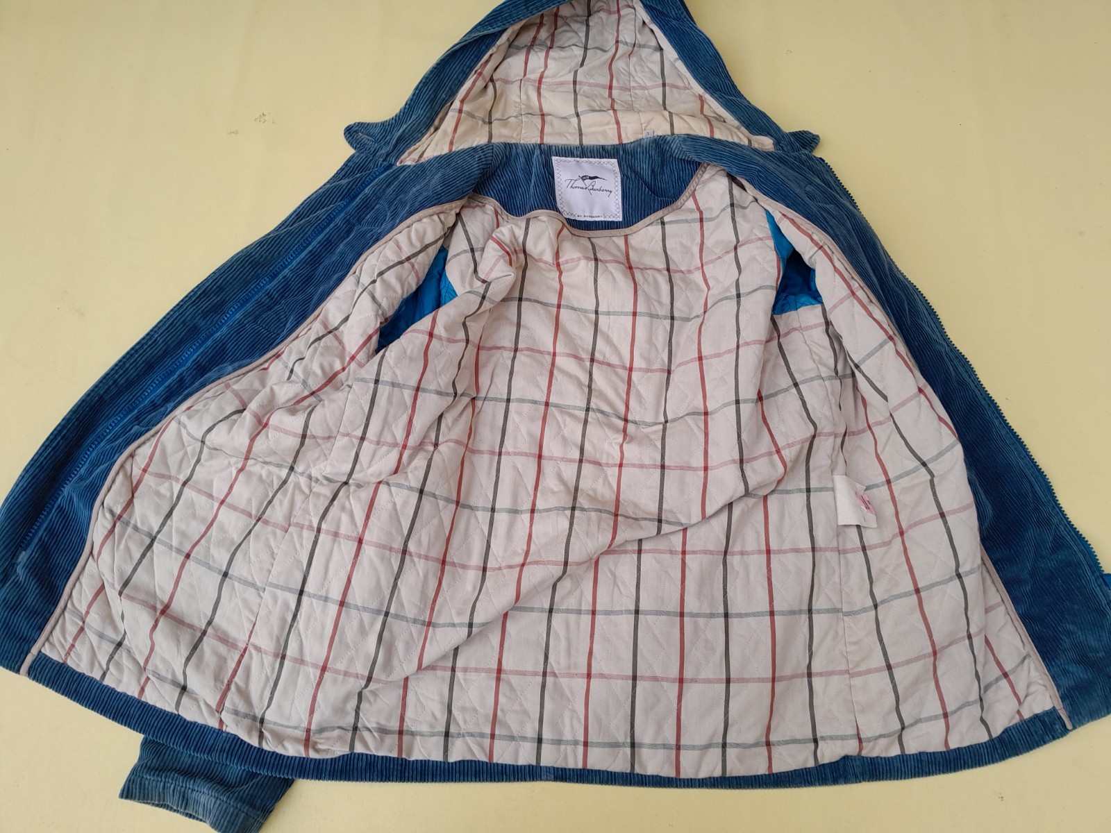 Vintage Thomas Burberry Duffle Coat Womens Large Blue Corduroy Hooded Made Spain image 10