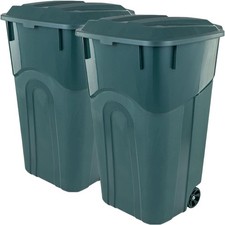 32 Gallon Wheeled Outdoor Garbage Can with Attached Snap Lock Lid Handles 2 Pack