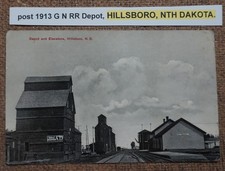 post 1913 G N RR Depot, HILLSBORO, NTH DAKOTA. Postcard litho  BULL DURHAM  SIGN